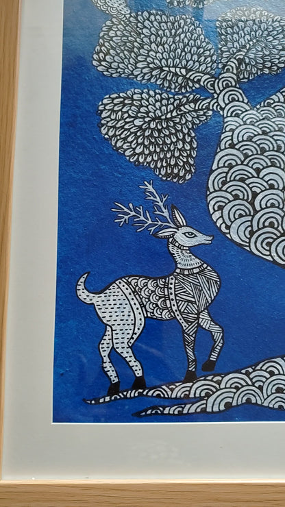 Tree of Life : Twin Deer (18 × 24 inches light wood frame)