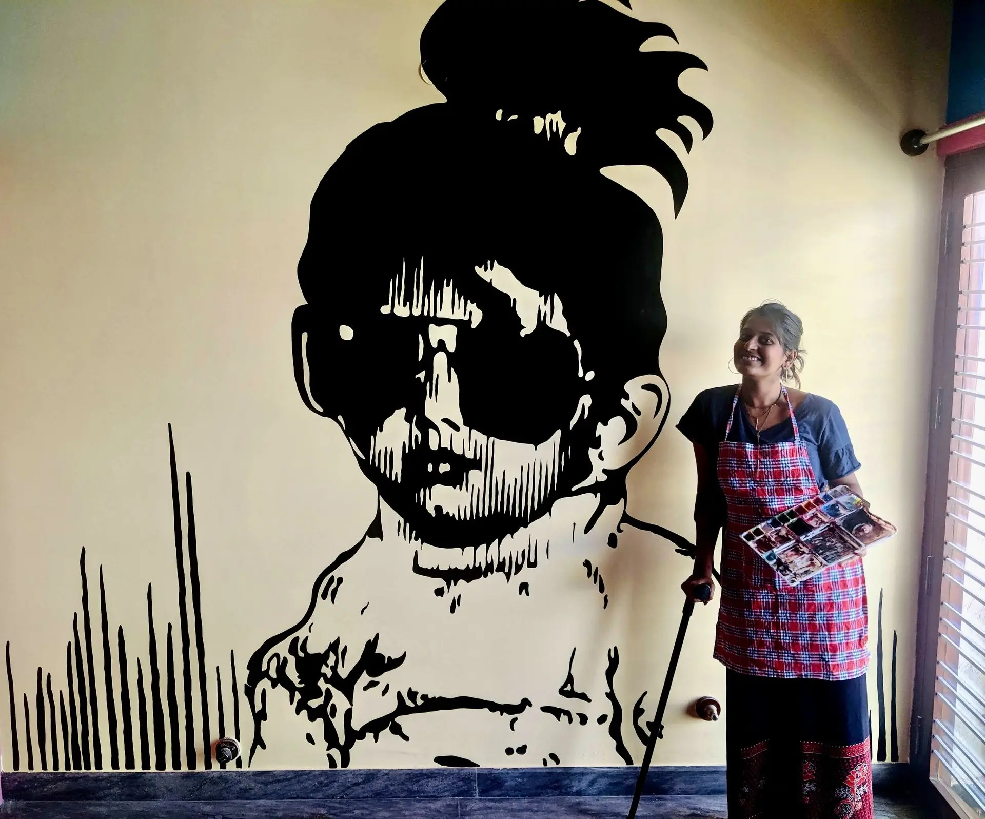 12x12 ft custom mural of a baby girl from a photo, painted in a Bangalore bedroom as a birthday gift by mounik.art