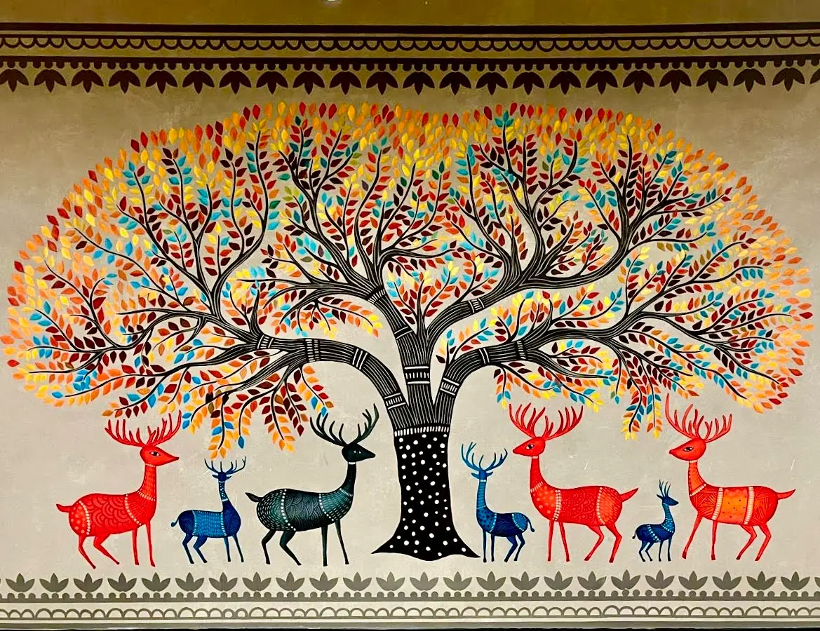 15x12 ft Gond-inspired mural with tree and deer in Henkel office, Bangalore, hand-painted by mounik.art